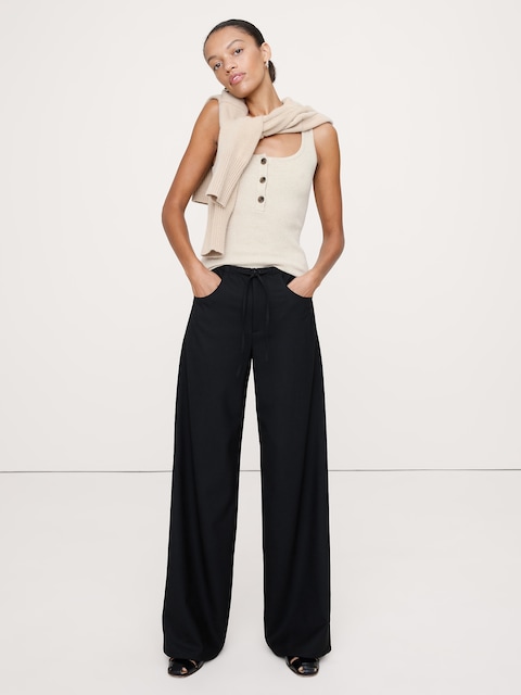 PANTALON STUDIO JAMBE LARGE À TAILLE MI-BASSE EN FLANELLE À CORDON COULISSANT