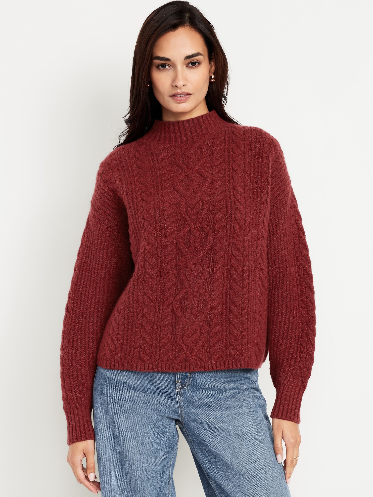 SoSoft Cropped Mock-Neck Cable Sweater