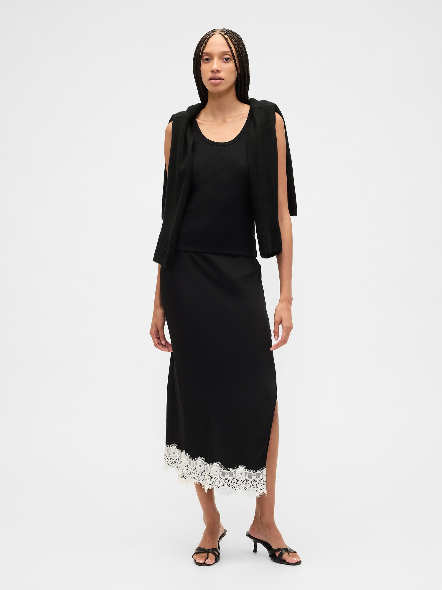 Satin Lace-Hem Slip Skirt