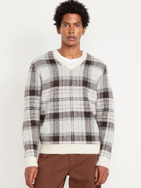 Wool-Blend V-Neck Plaid Sweater