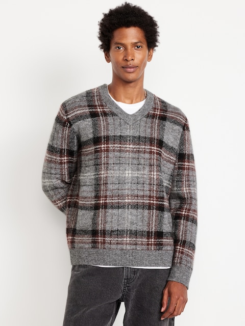 Wool-Blend V-Neck Plaid Sweater
