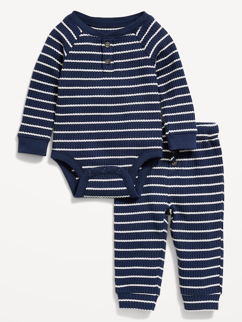 Long-Sleeve Thermal-Knit Henley Bodysuit and Pants Set for Baby