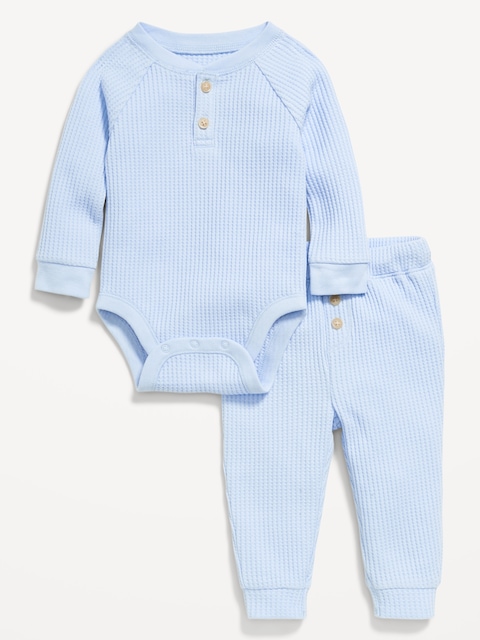 Long-Sleeve Thermal-Knit Henley Bodysuit and Pants Set for Baby