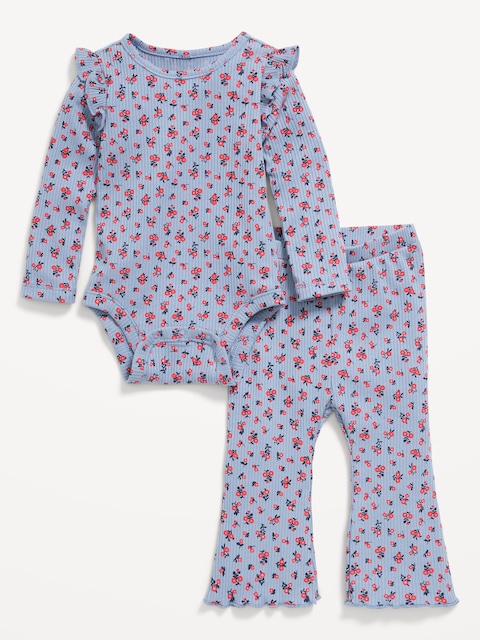 Printed Ribbed Ruffle-Trim Bodysuit and Pants Set for Baby