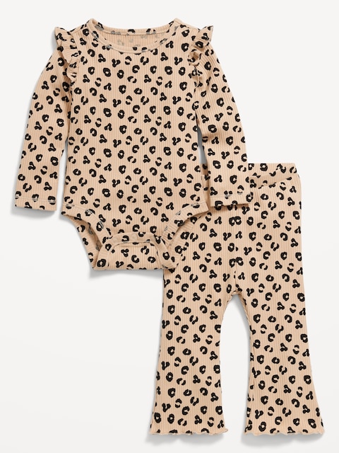 Printed Ribbed Ruffle-Trim Bodysuit and Pants Set for Baby