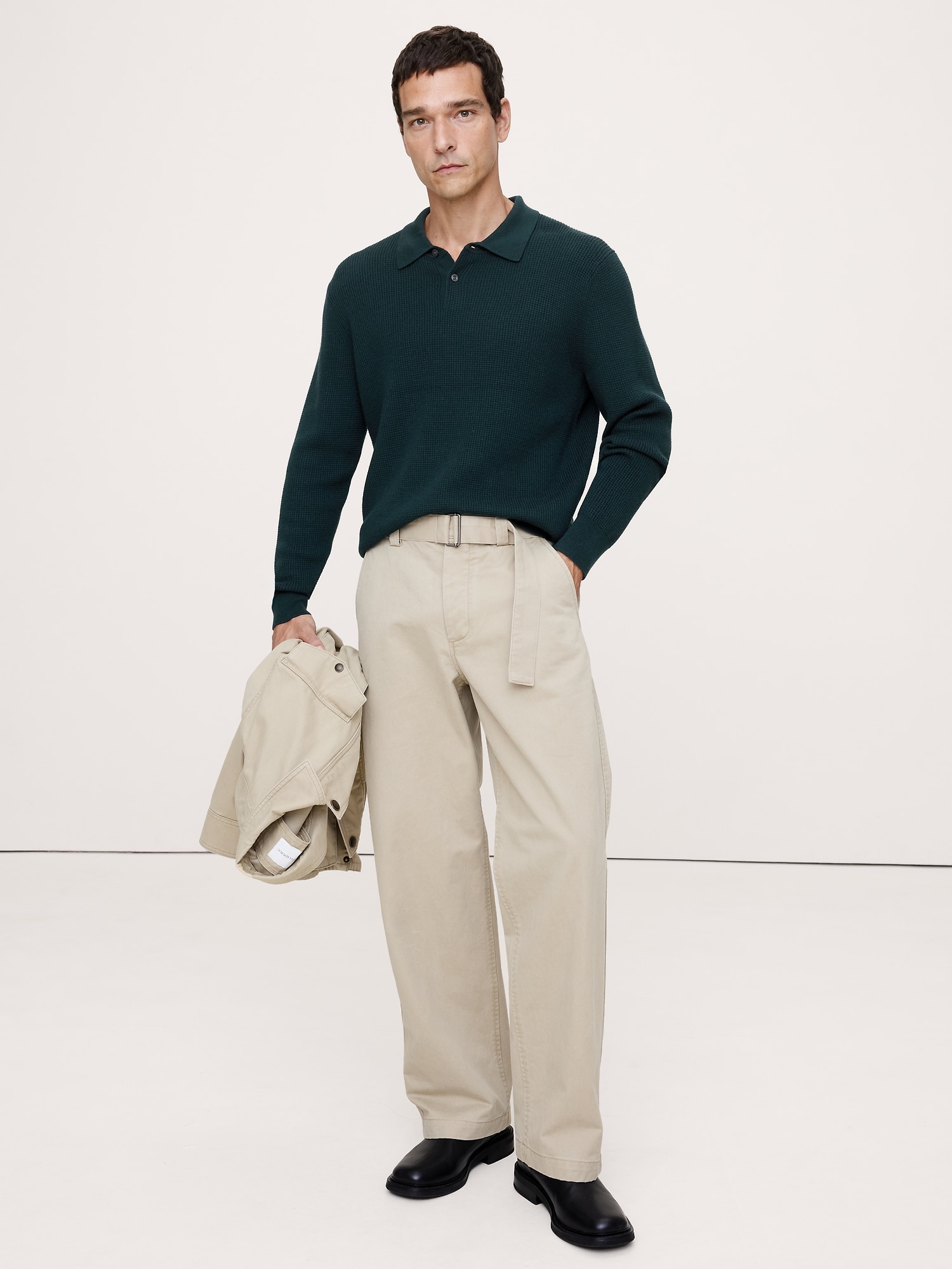 CHANDAIL À COL POLO EN TRICOT DE LAINE MÉRINOS GAUFRÉ