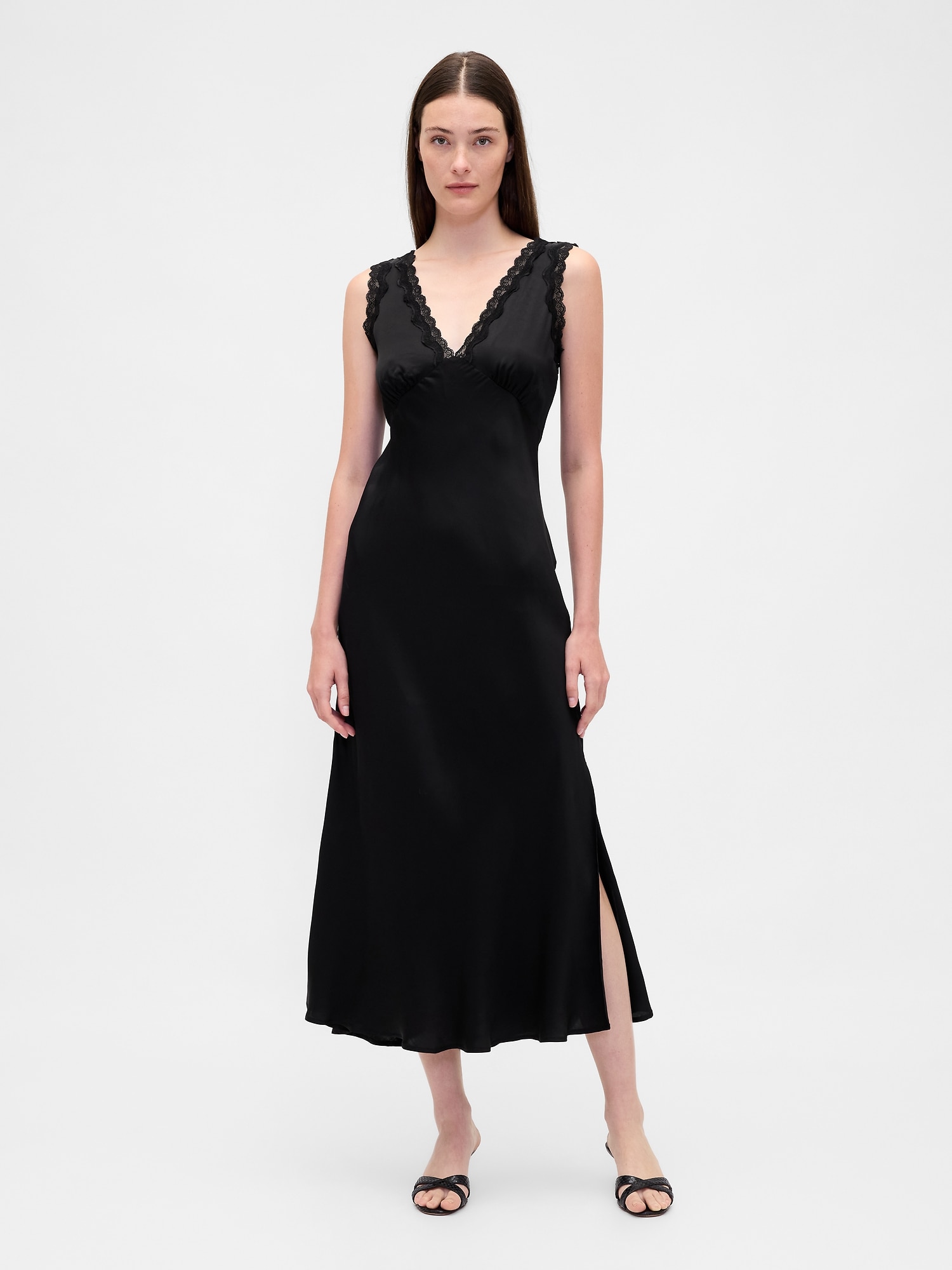 Satin Lace-Trim V-Neck Maxi Slip Dress