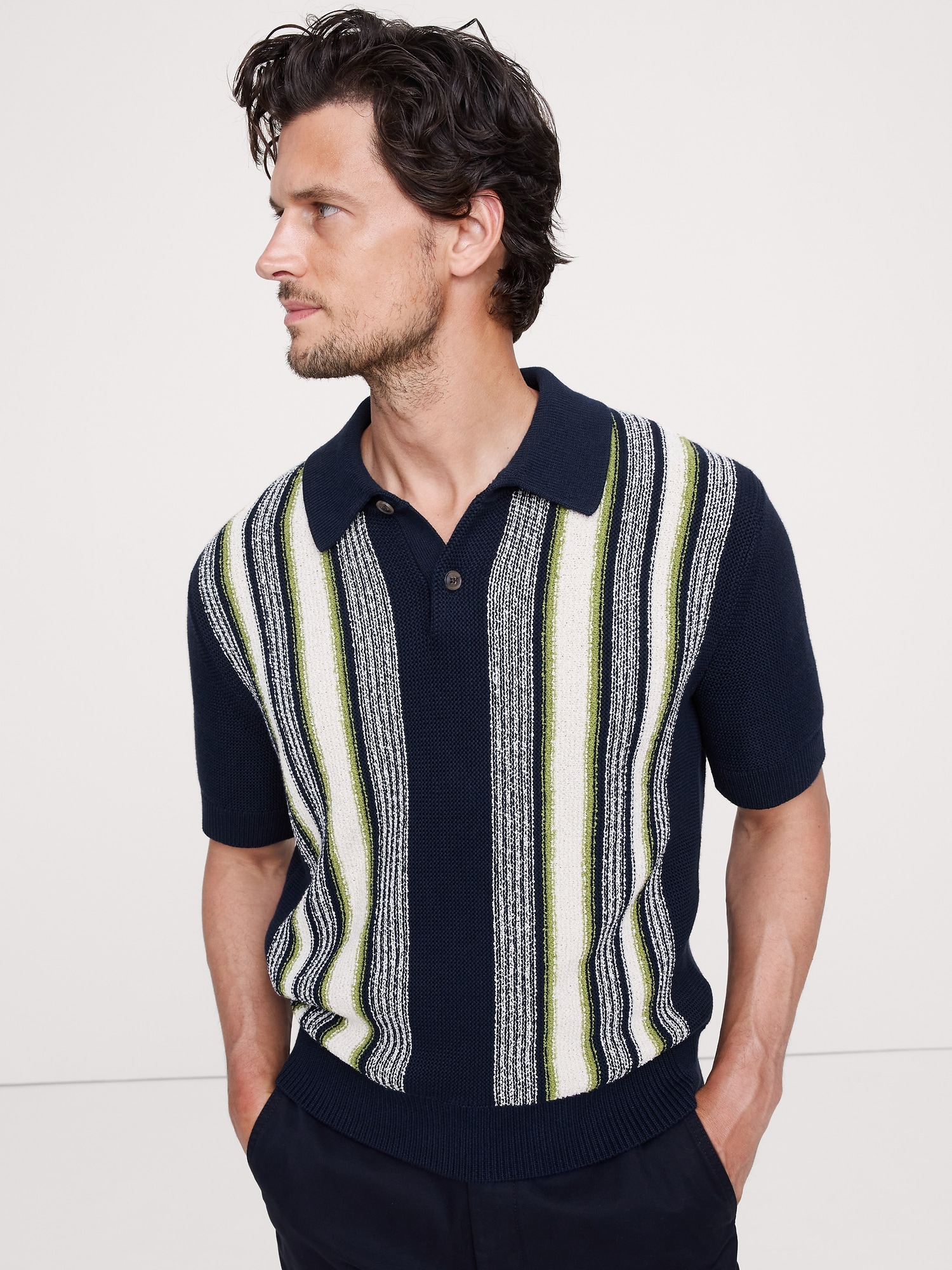 CHANDAIL POLO EN TISSU BOUCLÉ À RAYURES