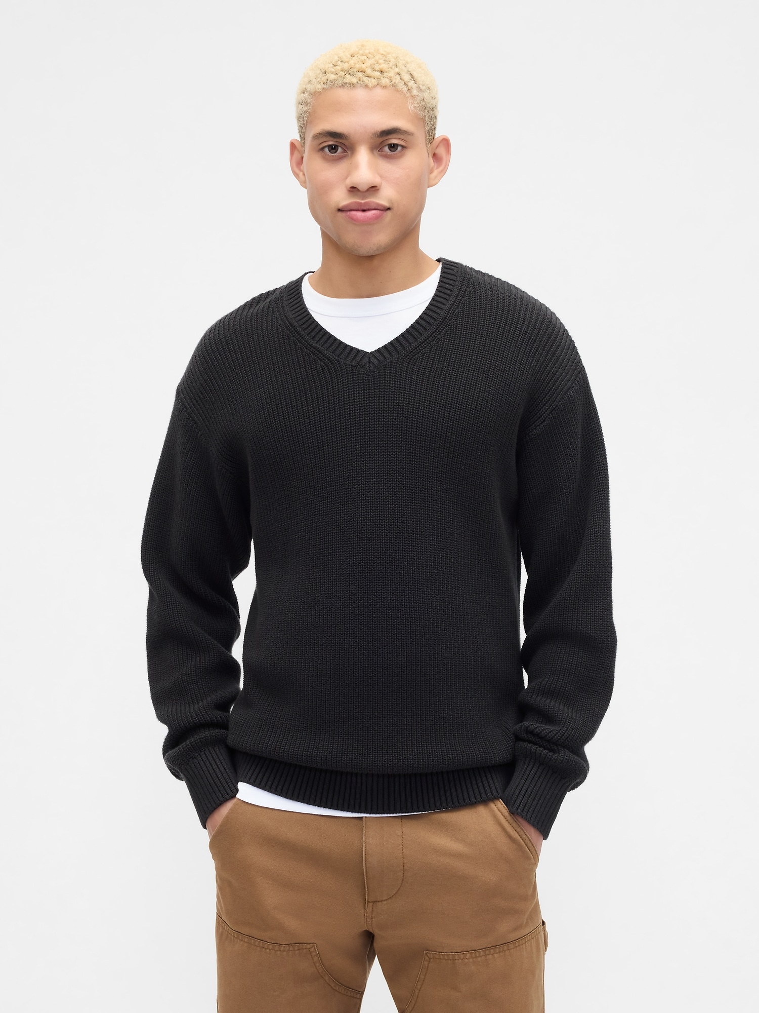 Relaxed Ribbed V-Neck Sweater