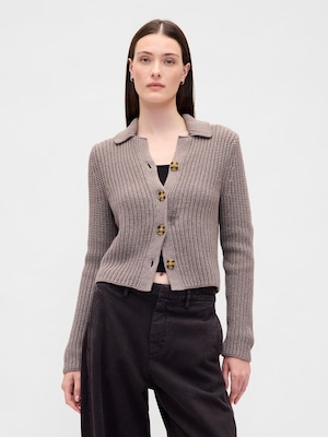 コットン100％ 襟付き クロップド ニットカーディガン