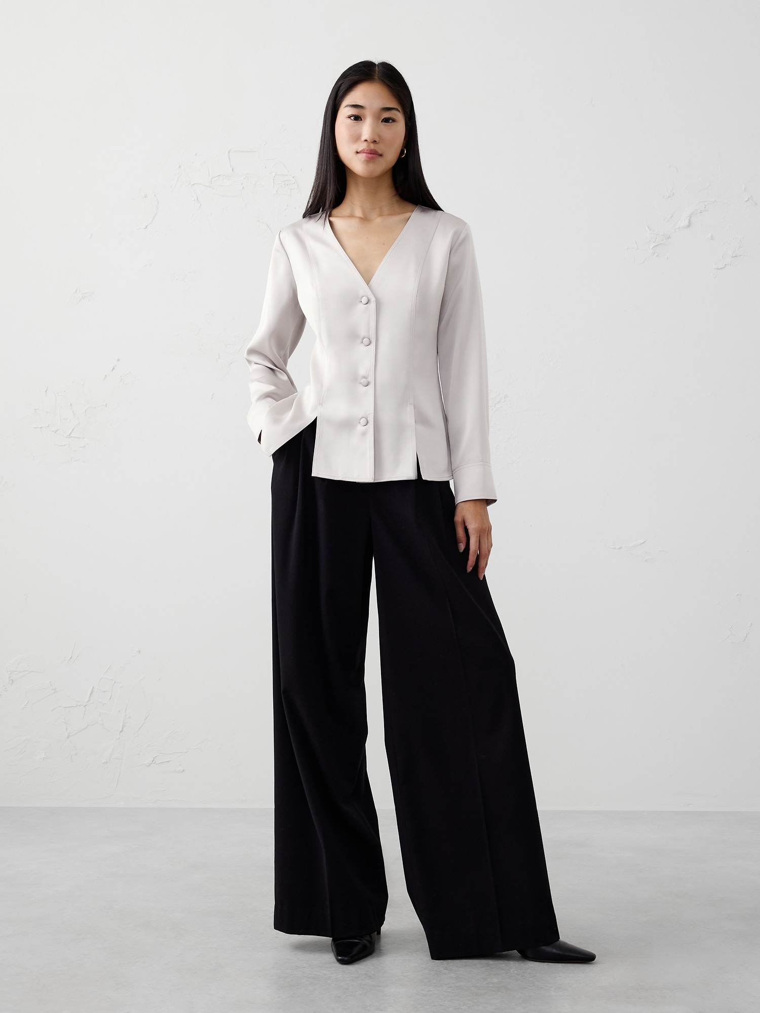 Silky Seamed Slit Blouse