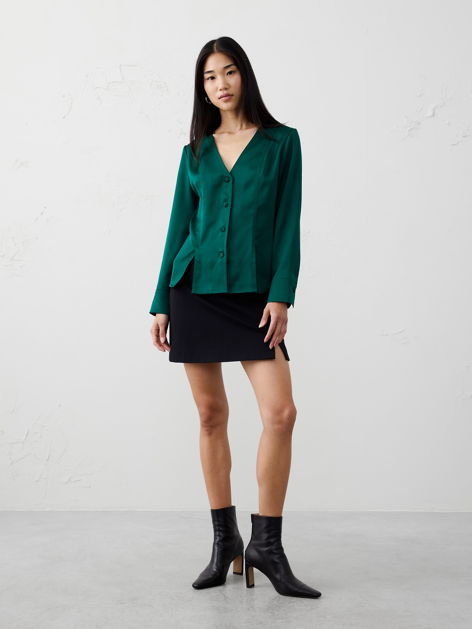 Silky Seamed Slit Blouse