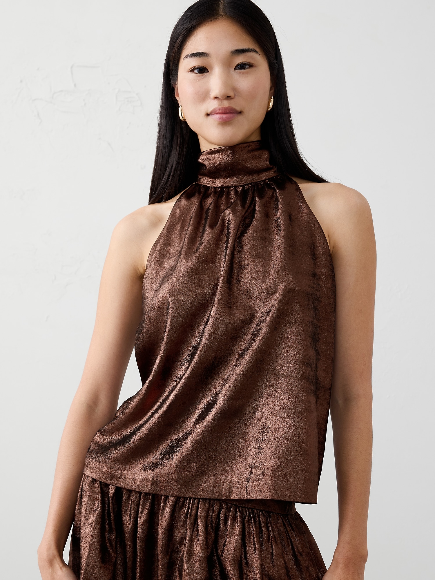 Metallic Halter Mock-Neck Top