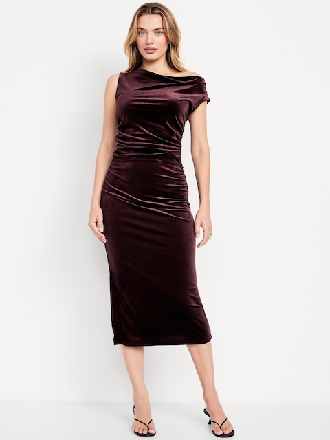 High-Waisted Ruched Velvet Midi Skirt