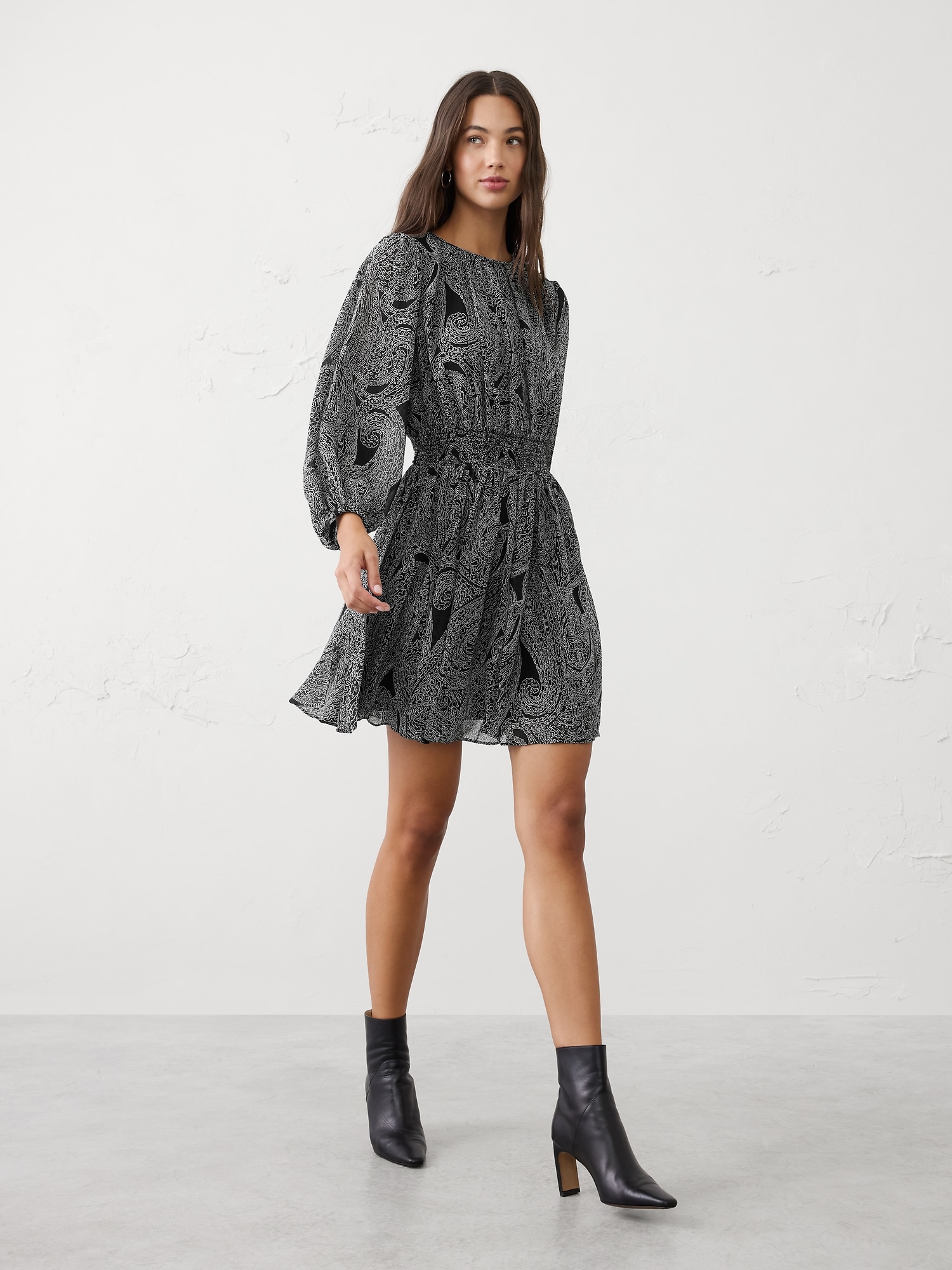 Smocked Volume-Sleeve Mini Fit-and-Flare Dress