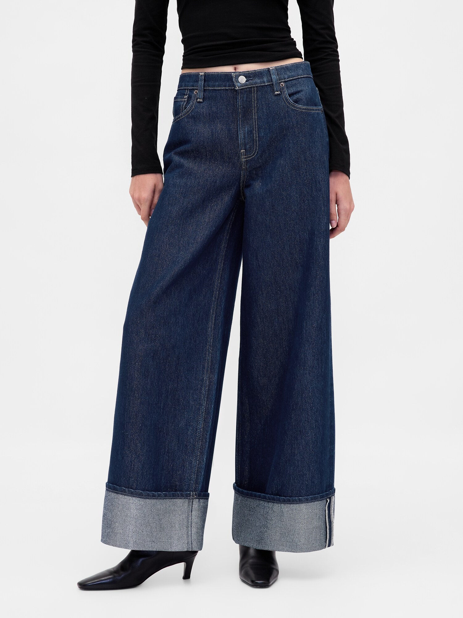 ミッドライズ メタリック ロールアップ バギーデニム-1