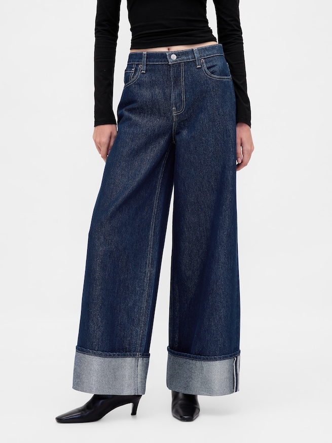 ミッドライズ メタリック ロールアップ バギーデニム-1