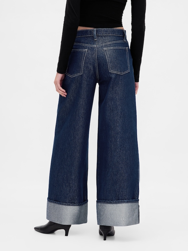 ミッドライズ メタリック ロールアップ バギーデニム-3