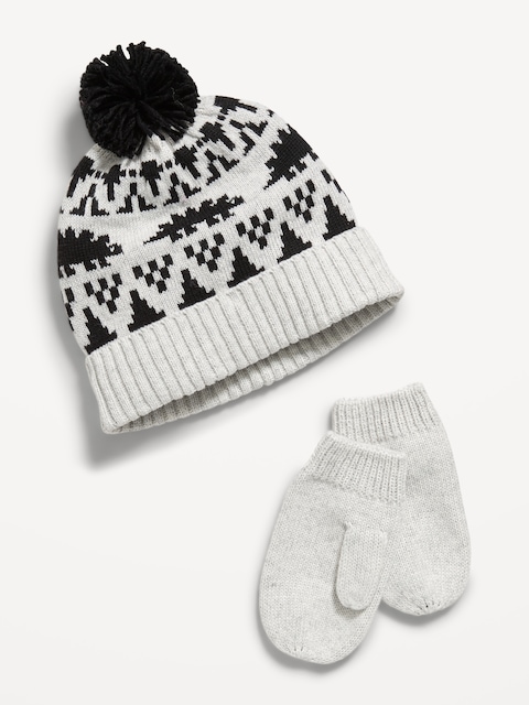 Pom-Pom Beanie and Mittens Set for Toddler Boys