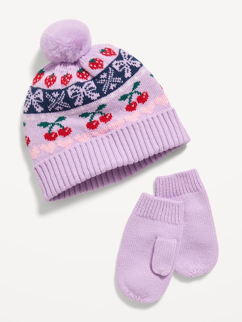 Pom-Pom Beanie and Mittens Set for Toddler Girls