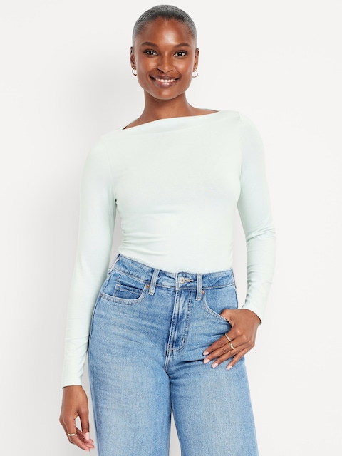 Long-Sleeve Slit-Neck Ruched Top