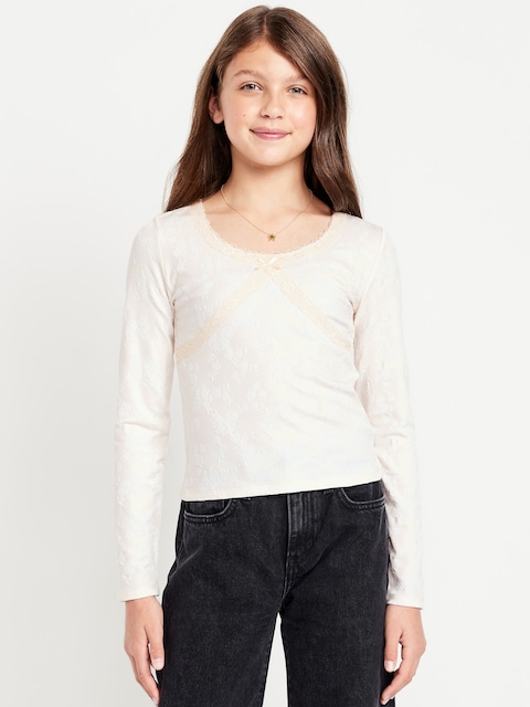 Fitted Long-Sleeve Lace-Trim Top for Girls