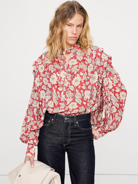 Sheer Pleat-Shoulder Top