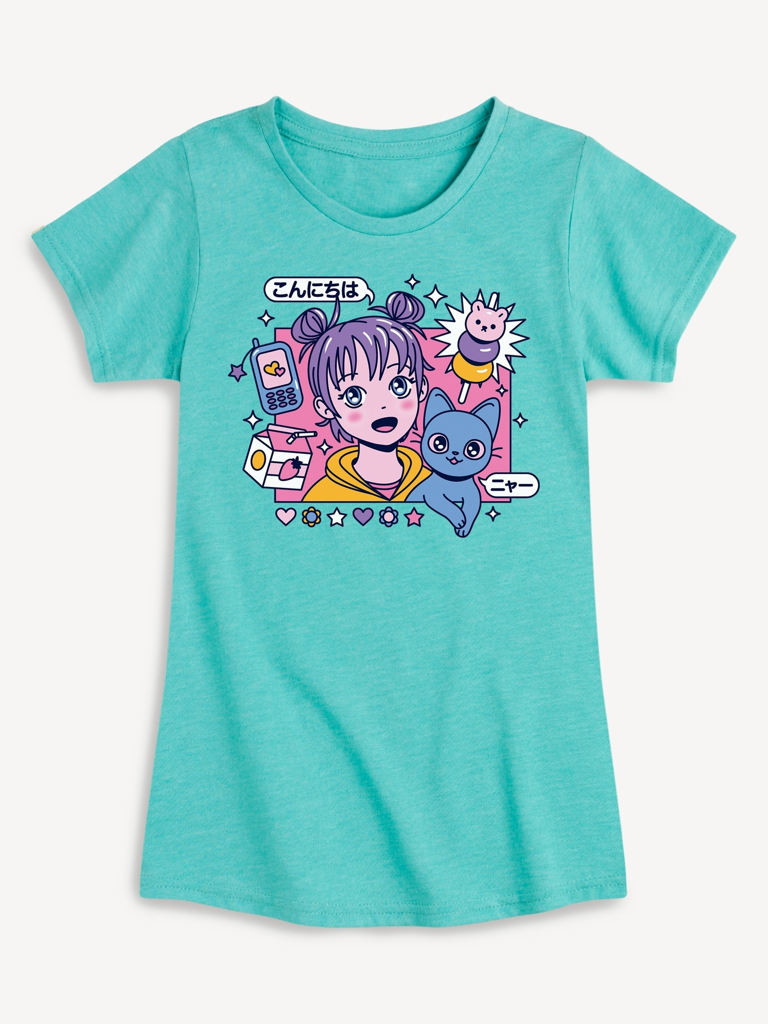 Anime Girl And Cat Fitted Short Sleeve T-Shirt For Girls