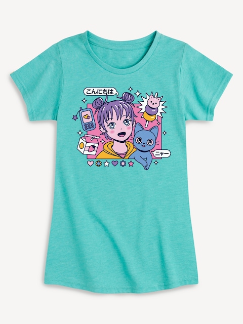 Anime Girl And Cat Fitted Short Sleeve T-Shirt For Girls