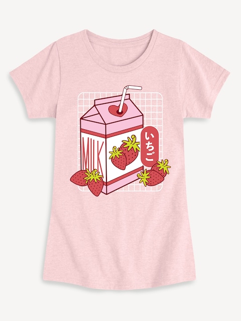 Kawaii Strawberry Milk Fitted Short Sleeve T-Shirt For Girls