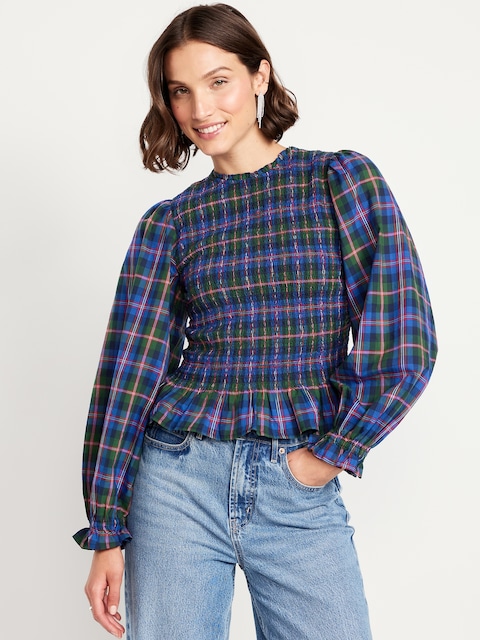 Long-Sleeve Plaid Smocked Top