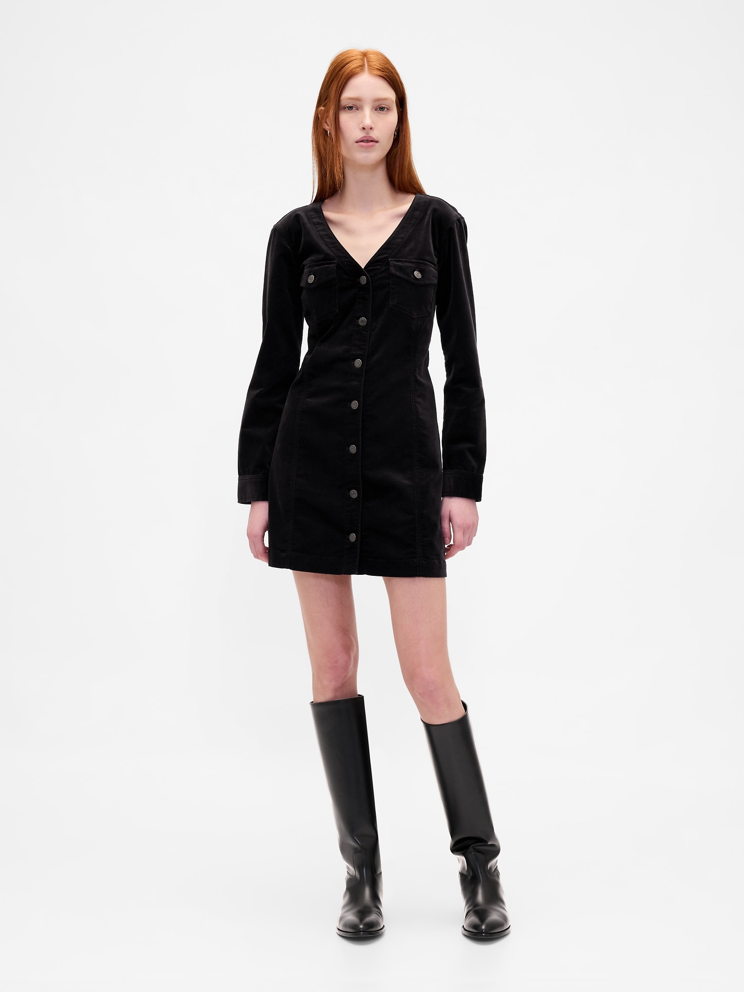 ROBE COURTE EN VELOURS AVEC POCHE ET COL EN V