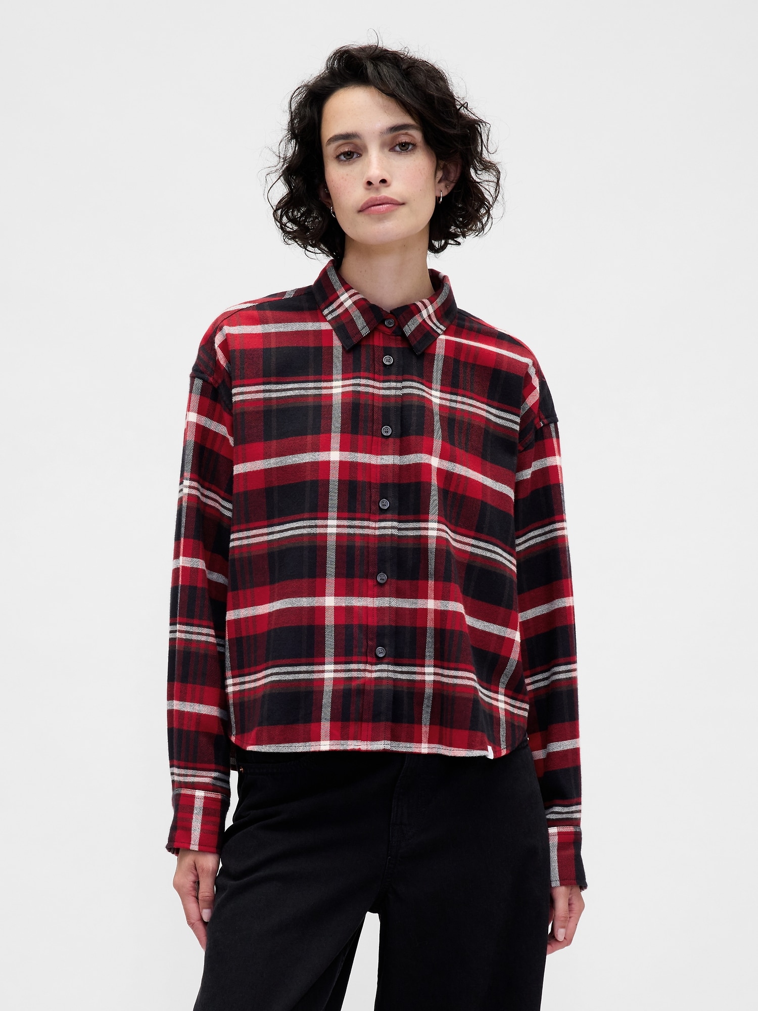 フランネル ストレートヘム クロップドシャツ-0