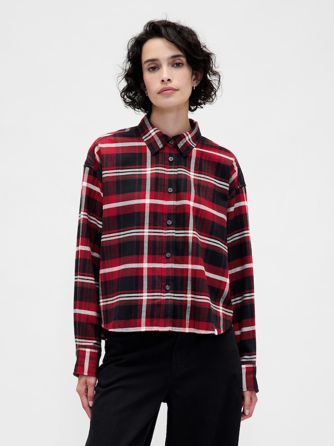 フランネル ストレートヘム クロップドシャツ-0