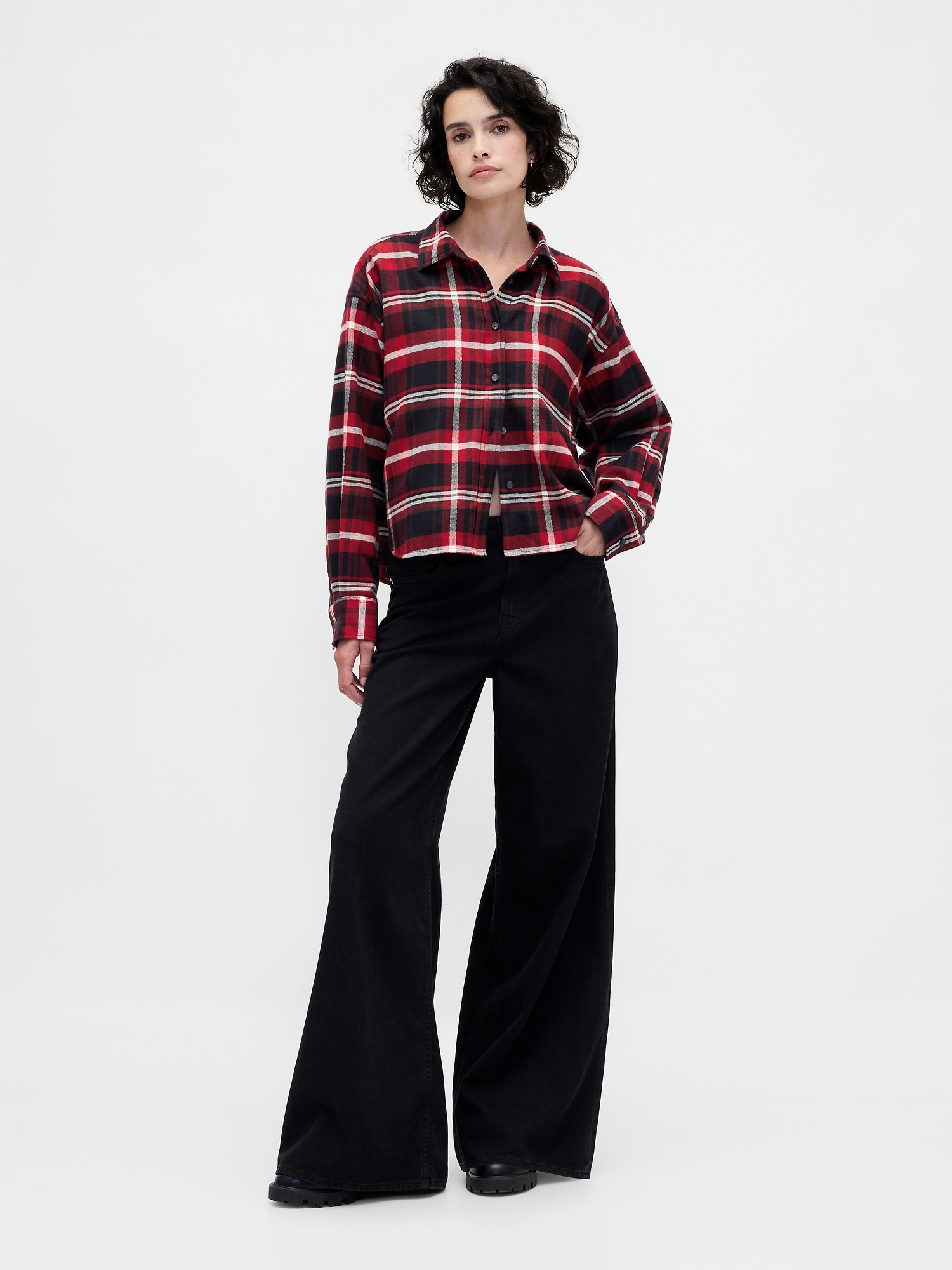 フランネル ストレートヘム クロップドシャツ-1