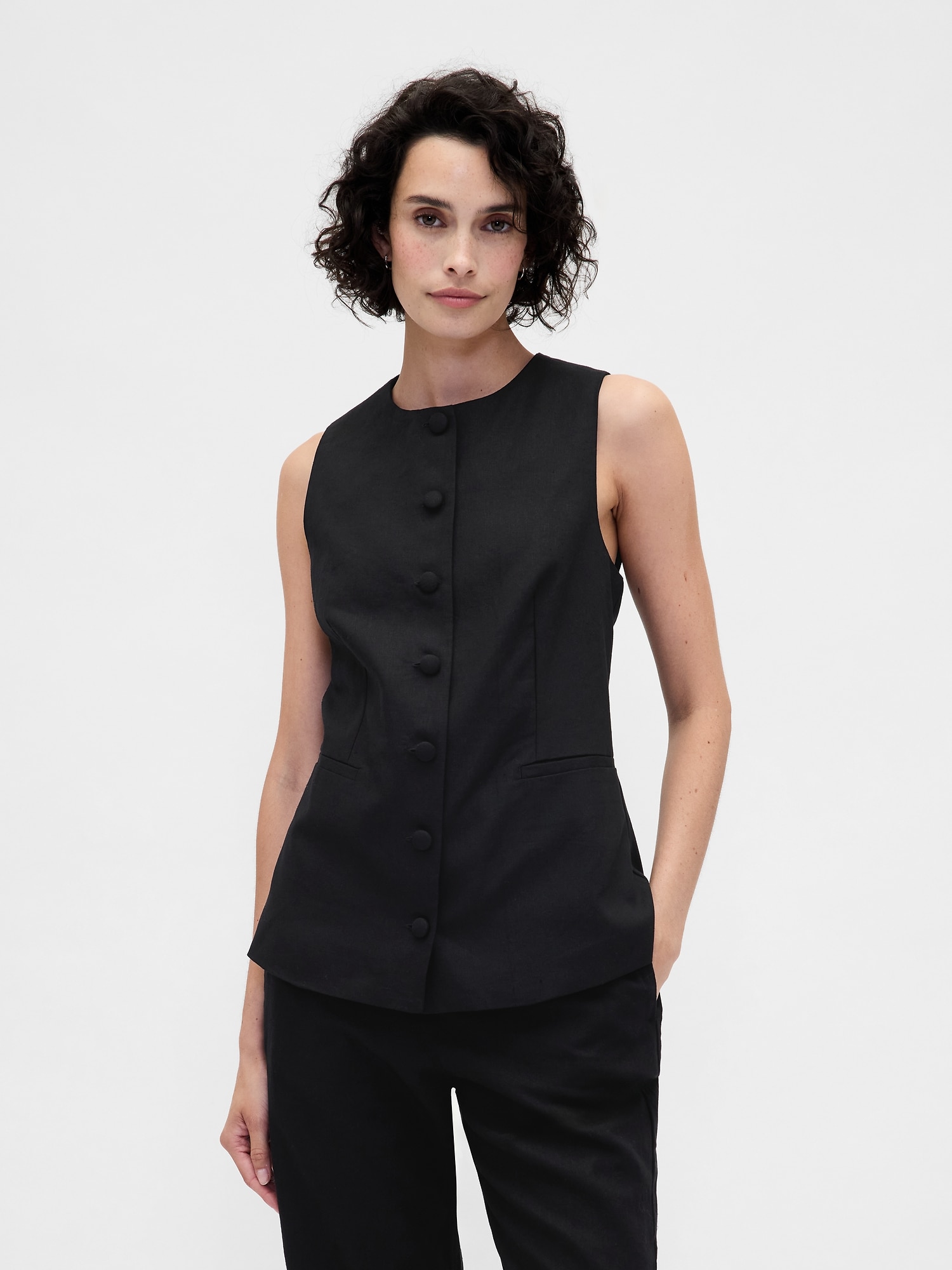 Linen-Blend Tie-Back Longline Vest