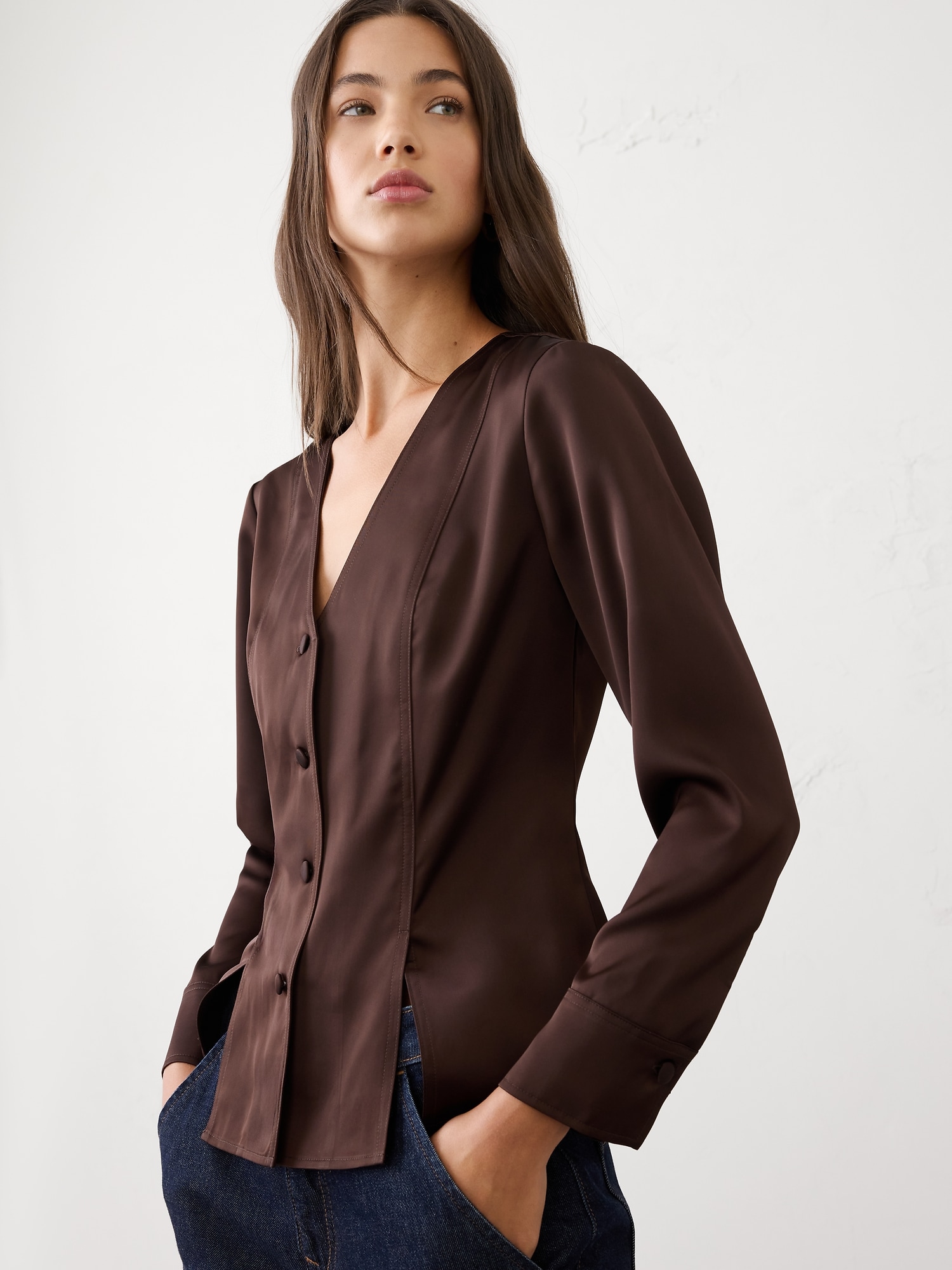 Silky Seamed Slit Blouse