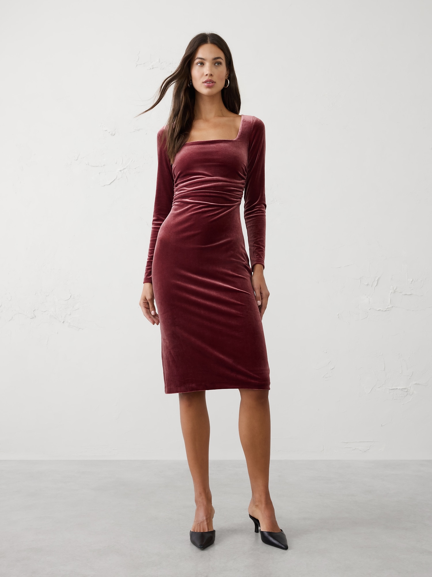 Velvet Shirred-Waist Below-Knee Dress