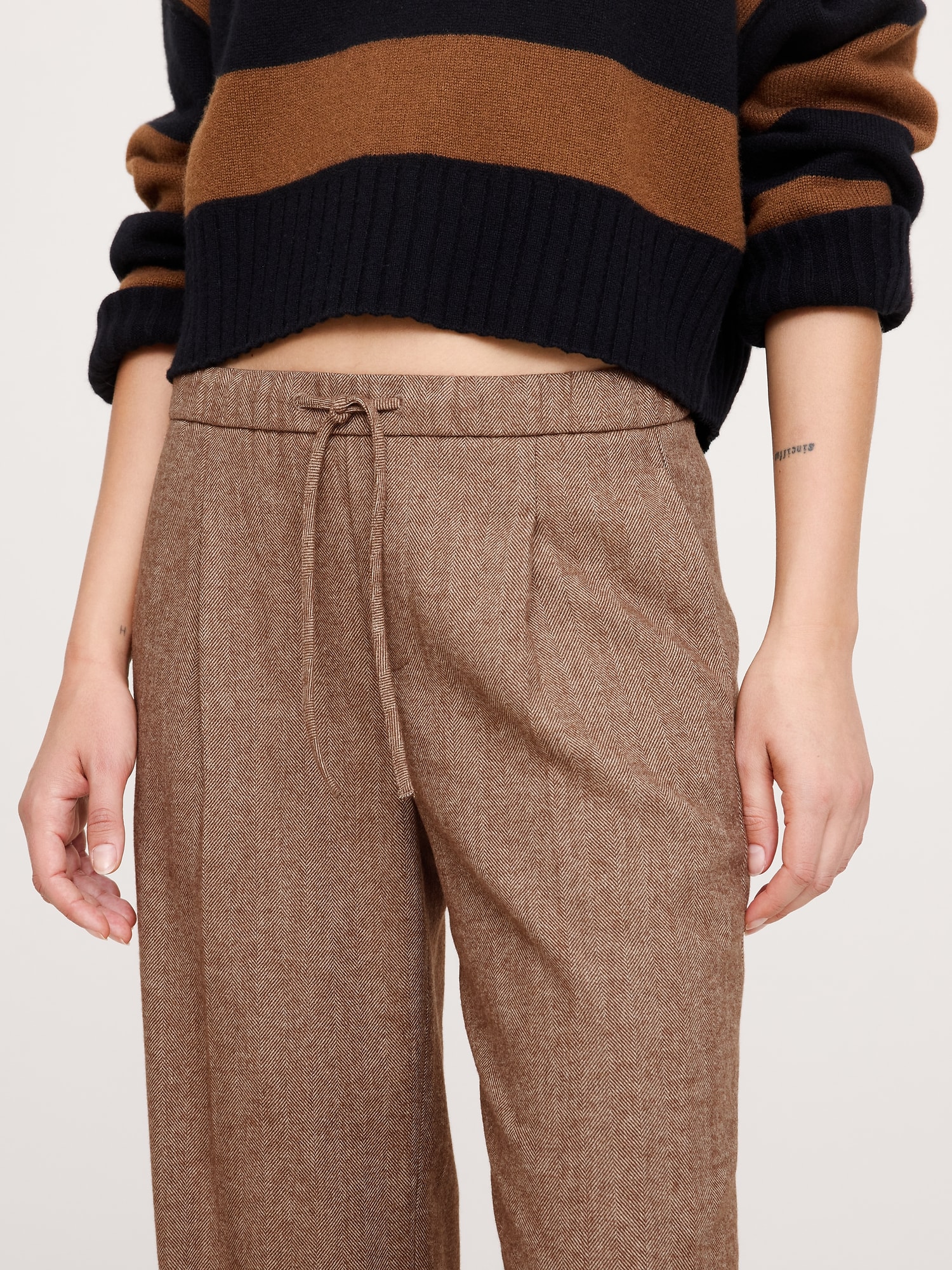 ミッドライズ ワイドレッグ フランネル ドローストリングパンツ-2