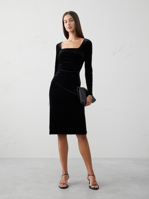 Velvet Shirred-Waist Below-Knee Dress