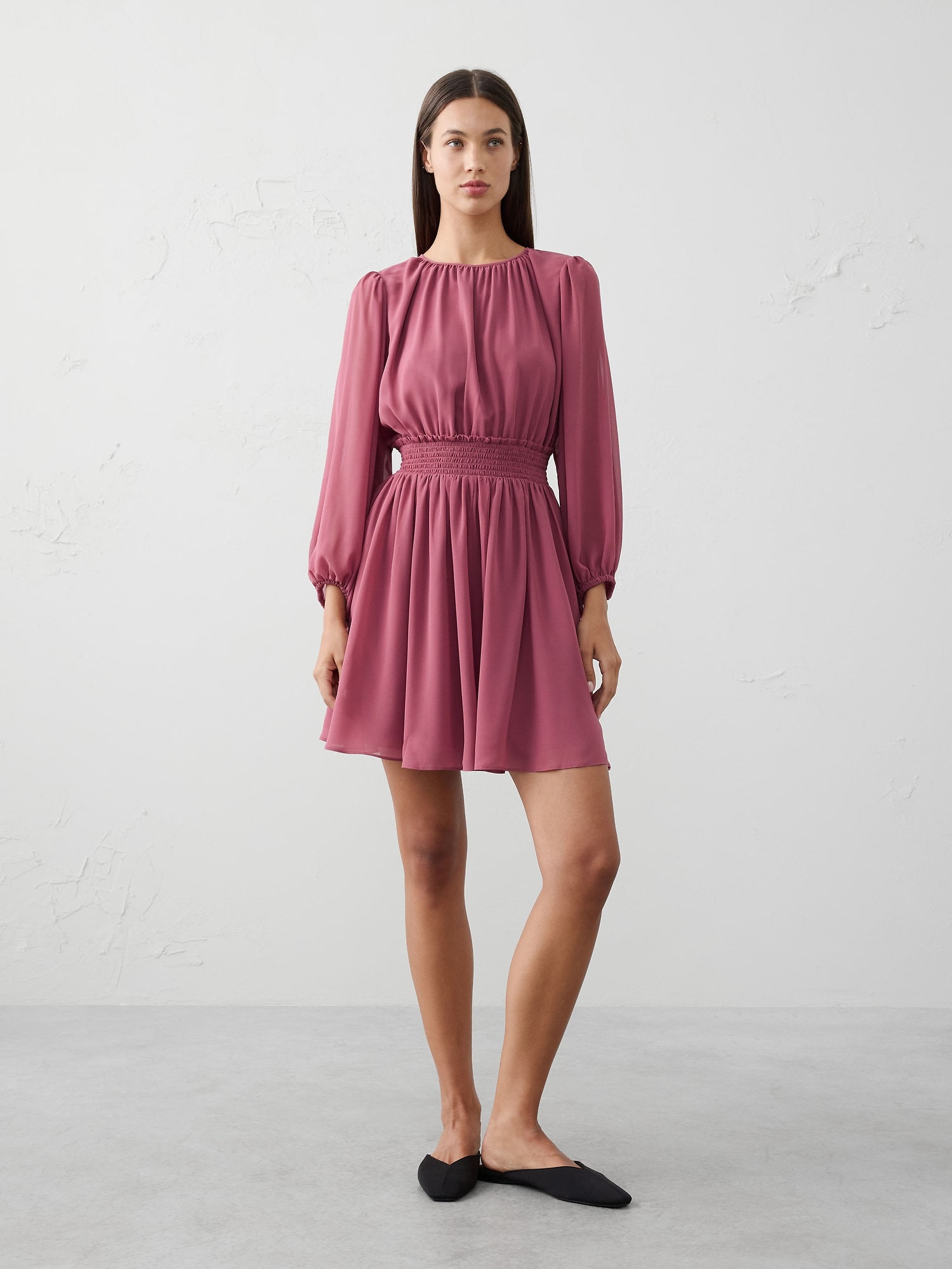 Smocked Volume-Sleeve Mini Fit-and-Flare Dress