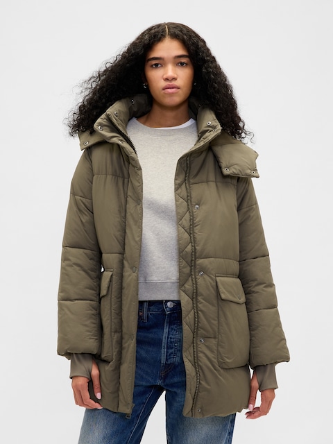 Faux Fur-Trim Midi Puffer Jacket