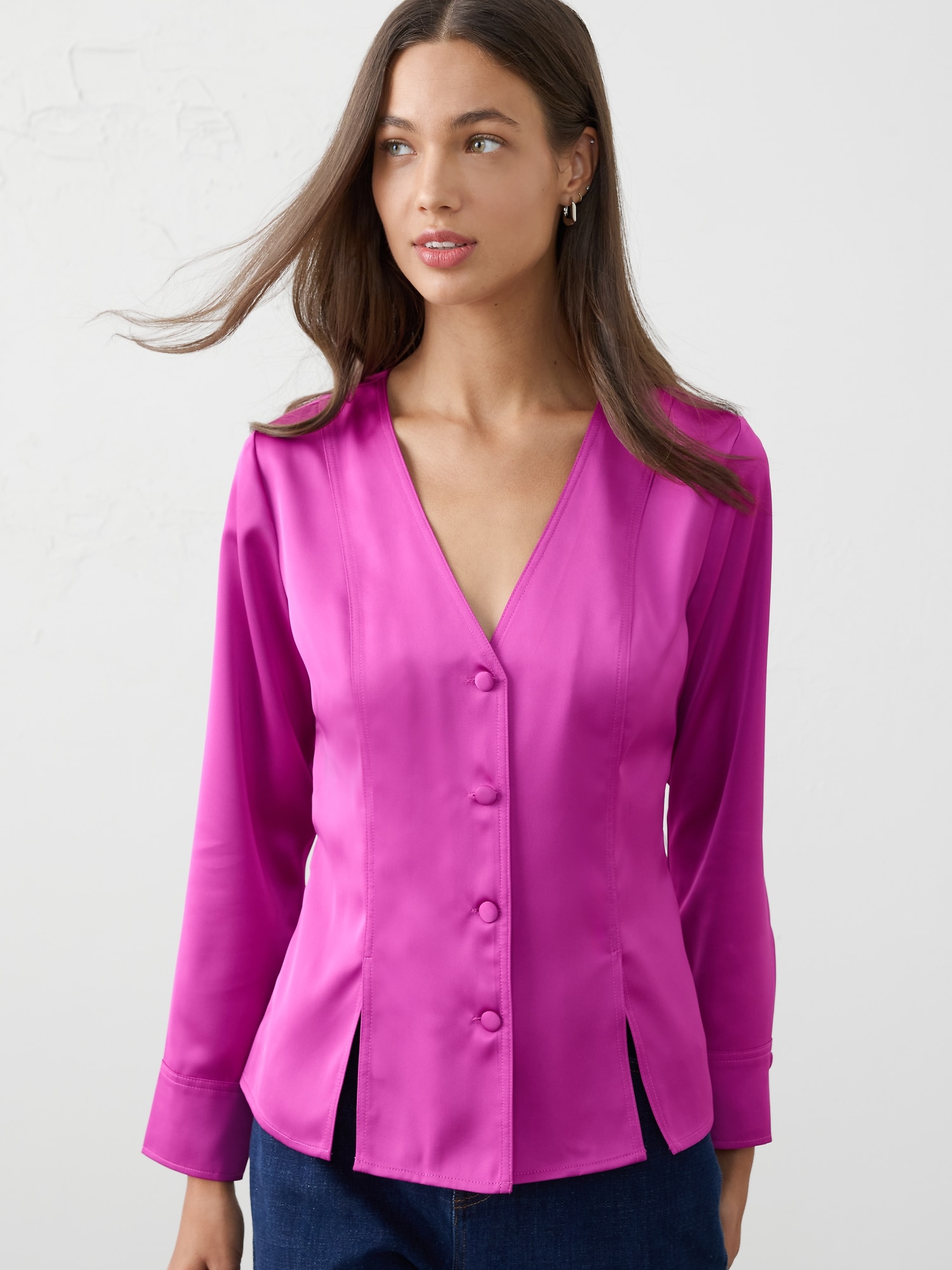 Silky Seamed Slit Blouse