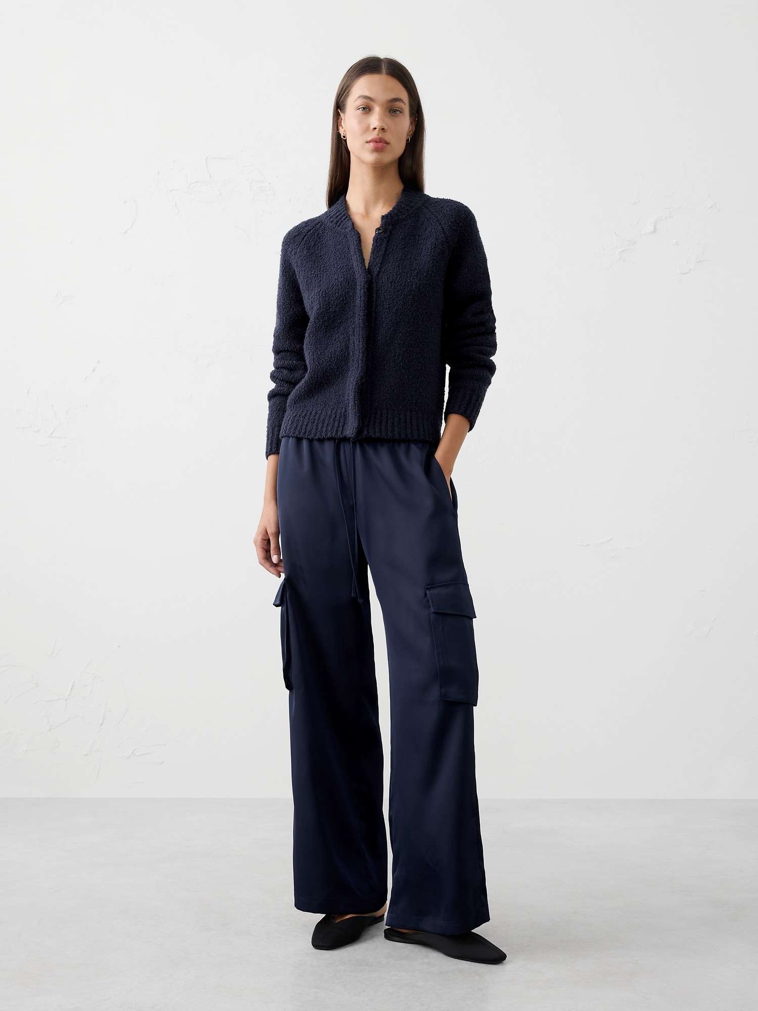 Wide-Leg Mid-Rise Satin Pull-On Cargo Pant