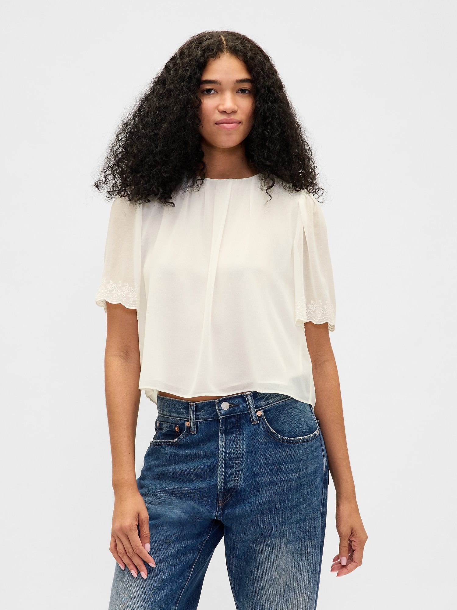Scalloped Flutter-Sleeve Top