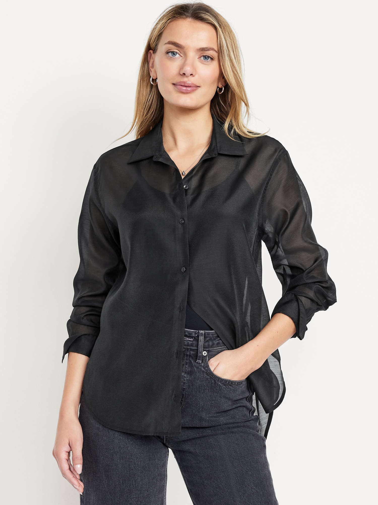 Loose Button-Down Organza Tunic Shirt