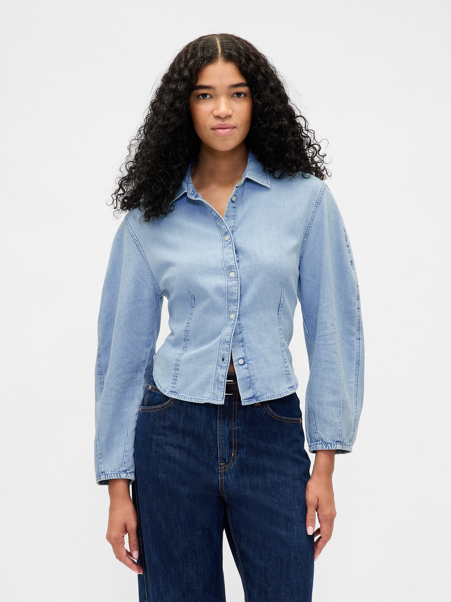 Denim Balloon-Sleeve Shirt