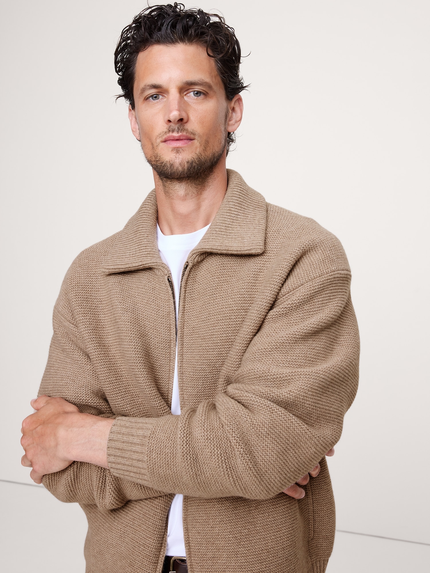Italian Merino-Blend Ribbed Sweater Jacket