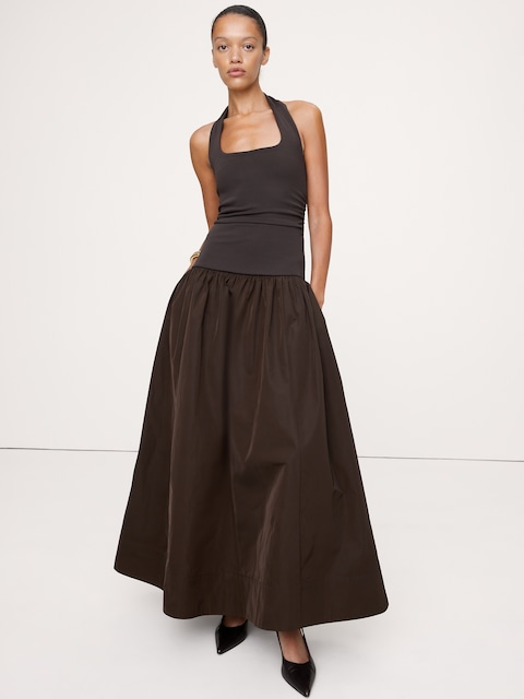 Jersey & Taffeta Halter Maxi Dress