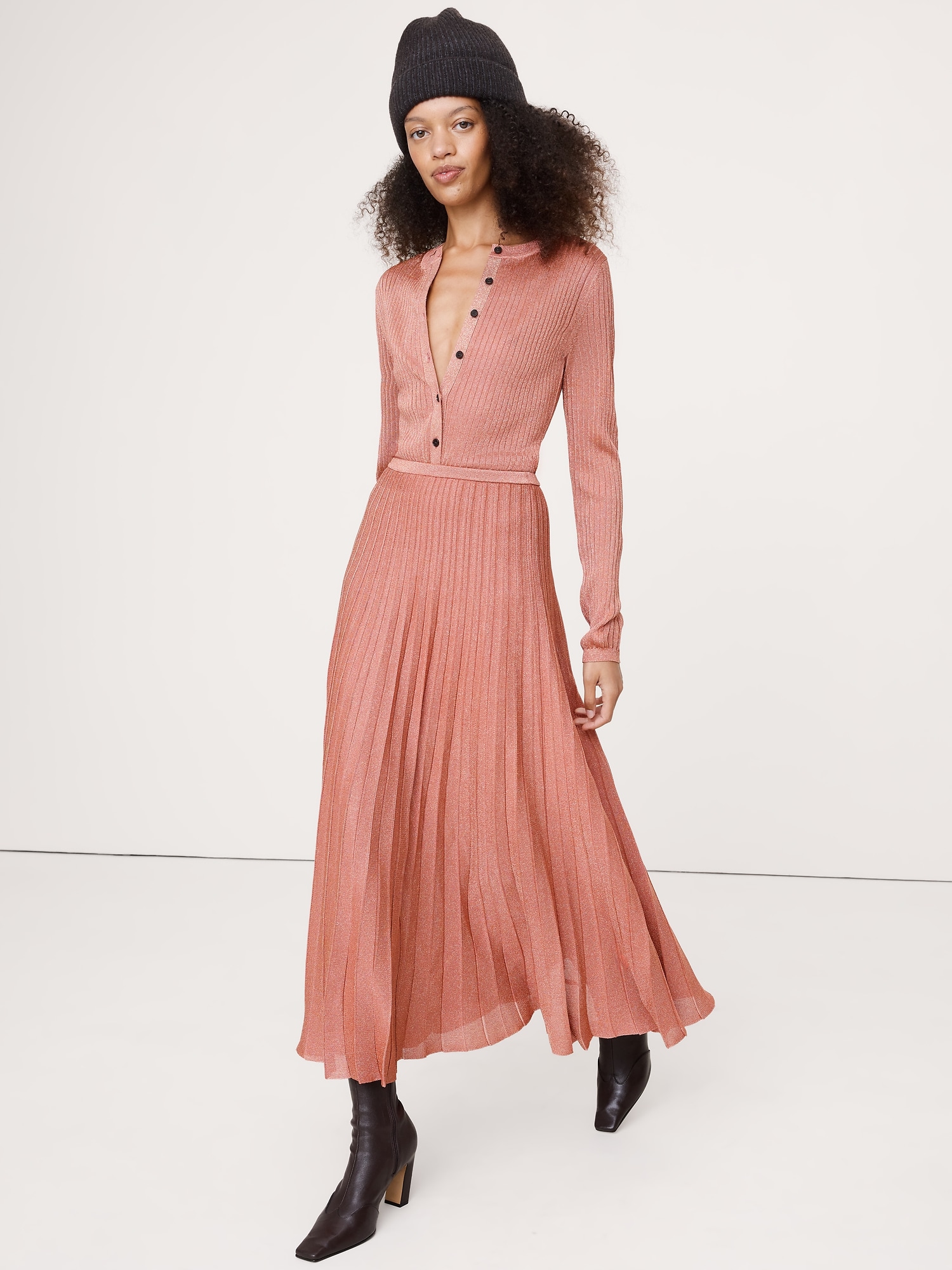 Pleated Metallic Sweater Skirt